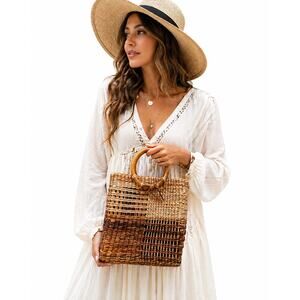 Handwoven Straw Tote Bag Wooden Ring Handles 11” Market Purse  Philippines